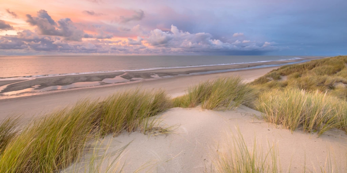 Blick von einer Düne auf die Nordsee, bei Zeeland, Niederlande