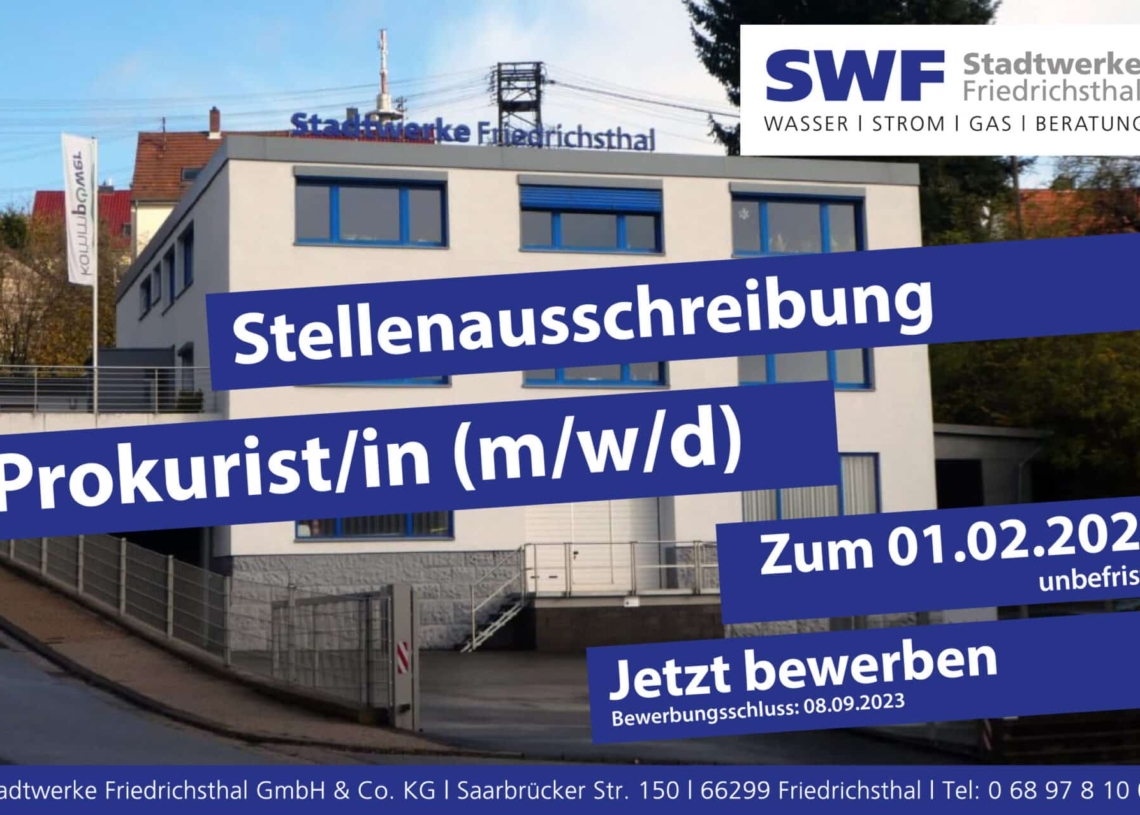 Stellenausschreibung Stadtwerke Friedrichsthal Prokurist/in (m/w/d)