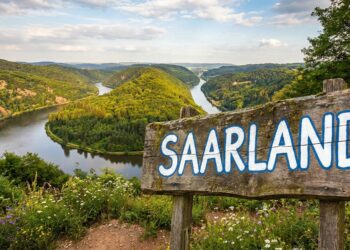 Bild für die Nachrichtenkategorie "Saarland", im Bild soll sauber lesbar die Schrift "Saarland" zu lesen sein. Das Bild soll Bezug zum Saarland haben.