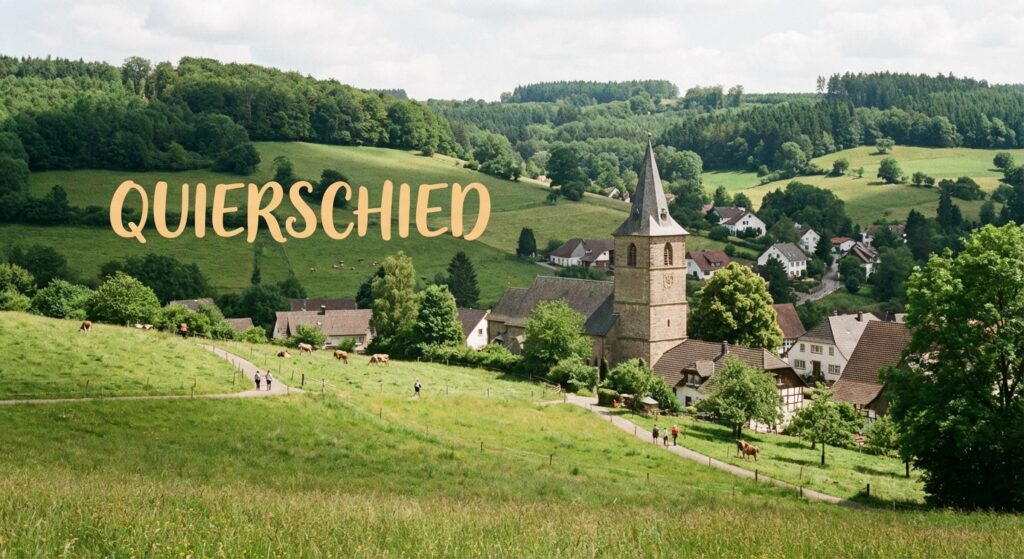 Dorfansicht oder Landschaftspanorama der Gemeinde Quierschied mit grünen Wiesen und Waldrändern. Eventuell Kirchturm oder lokales Wahrzeichen im Mittelgrund. Der Schriftzug "QUIERSCHIED" in warmer, freundlicher Schrift, gut lesbar positioniert. Atmosphäre: Ländlich, gemeinschaftlich, naturverbunden.