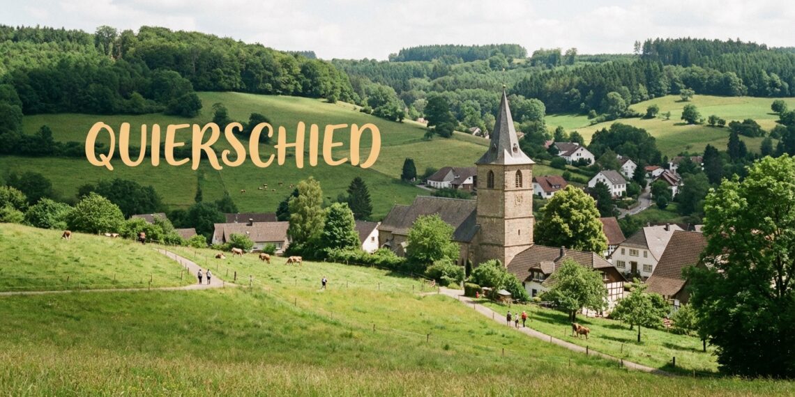 „Schwätzje Mobil" der Caritas macht Station in Quierschied und Göttelborn 1 Dorfansicht oder Landschaftspanorama der Gemeinde Quierschied mit grünen Wiesen und Waldrändern. Eventuell Kirchturm oder lokales Wahrzeichen im Mittelgrund. Der Schriftzug "QUIERSCHIED" in warmer, freundlicher Schrift, gut lesbar positioniert. Atmosphäre: Ländlich, gemeinschaftlich, naturverbunden.