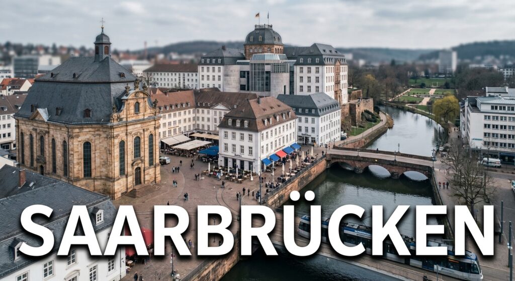 Stadtansicht der Landeshauptstadt Saarbrücken mit der barocken Ludwigskirche als Wahrzeichen oder dem Saarbrücker Schloss mit seinem charakteristischen modernen Mittelbau (Gottfried Böhm). Alternativ: St. Johanner Markt mit seiner lebendigen Fußgängerzone und französischem Flair, die Alte Brücke zwischen Alt-Saarbrücken und St. Johann, oder der Deutsch-Französische Garten als grüne Lunge. Architektonische Mischung aus barockem Erbe (Stengel-Bauten) und moderner Stadtentwicklung. Dezenter Hinweis auf die Grenznähe zu Frankreich durch französisch inspirierte Elemente (Café-Kultur, Saarbahn-Trasse Richtung Sarreguemines). Der Schriftzug "SAARBRÜCKEN" in großen, modernen Lettern, klare serifenlose Schrift, weiß mit dunklem Schatten für Lesbarkeit. Atmosphäre: Metropolitan, kulturell vielfältig, grenzüberschreitend, barock-modern.