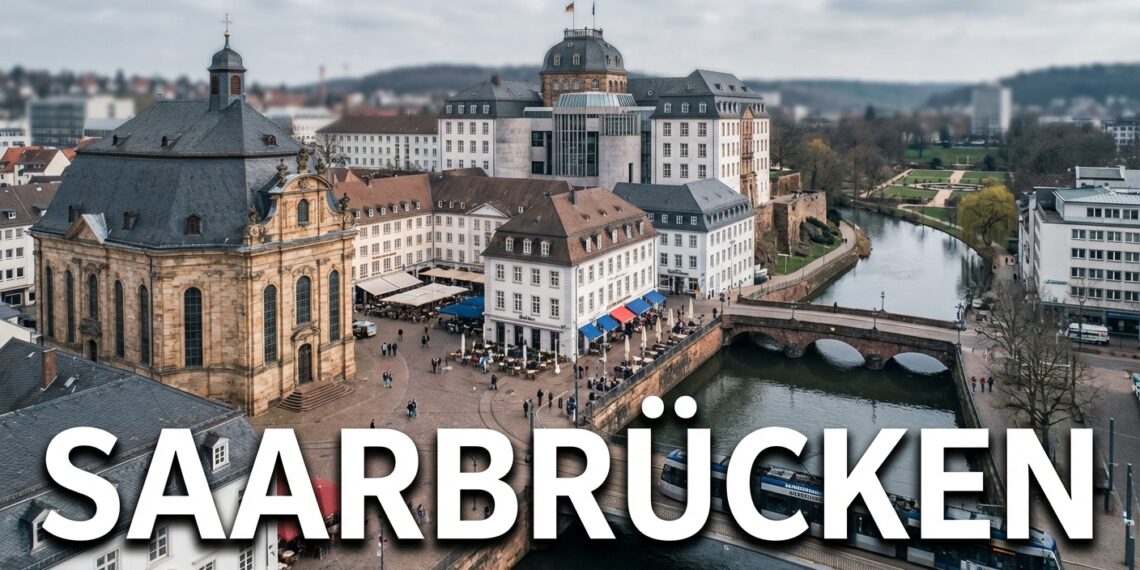 Stadtansicht der Landeshauptstadt Saarbrücken mit der barocken Ludwigskirche als Wahrzeichen oder dem Saarbrücker Schloss mit seinem charakteristischen modernen Mittelbau (Gottfried Böhm). Alternativ: St. Johanner Markt mit seiner lebendigen Fußgängerzone und französischem Flair, die Alte Brücke zwischen Alt-Saarbrücken und St. Johann, oder der Deutsch-Französische Garten als grüne Lunge. Architektonische Mischung aus barockem Erbe (Stengel-Bauten) und moderner Stadtentwicklung. Dezenter Hinweis auf die Grenznähe zu Frankreich durch französisch inspirierte Elemente (Café-Kultur, Saarbahn-Trasse Richtung Sarreguemines). Der Schriftzug "SAARBRÜCKEN" in großen, modernen Lettern, klare serifenlose Schrift, weiß mit dunklem Schatten für Lesbarkeit. Atmosphäre: Metropolitan, kulturell vielfältig, grenzüberschreitend, barock-modern.