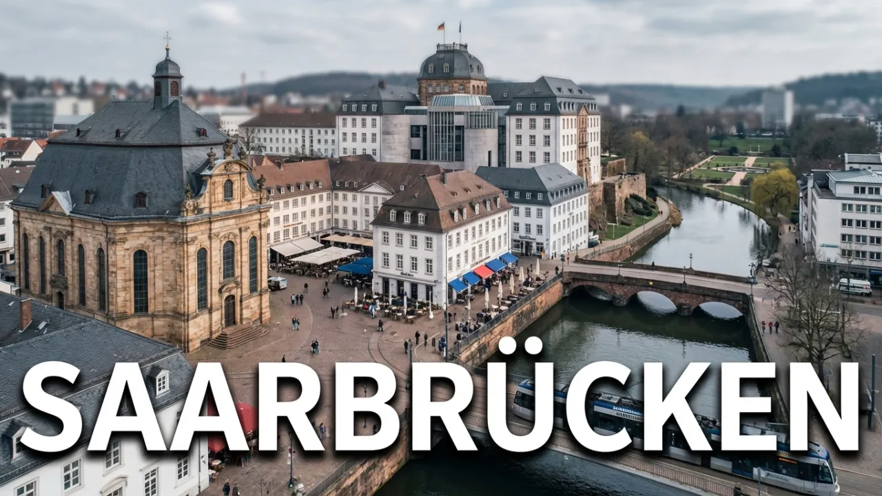 Kanalbauarbeiten in Dudweiler: Bahnhofstraße ab Mittwoch gesperrt 1 Stadtansicht der Landeshauptstadt Saarbrücken mit der barocken Ludwigskirche als Wahrzeichen oder dem Saarbrücker Schloss mit seinem charakteristischen modernen Mittelbau (Gottfried Böhm). Alternativ: St. Johanner Markt mit seiner lebendigen Fußgängerzone und französischem Flair, die Alte Brücke zwischen Alt-Saarbrücken und St. Johann, oder der Deutsch-Französische Garten als grüne Lunge. Architektonische Mischung aus barockem Erbe (Stengel-Bauten) und moderner Stadtentwicklung. Dezenter Hinweis auf die Grenznähe zu Frankreich durch französisch inspirierte Elemente (Café-Kultur, Saarbahn-Trasse Richtung Sarreguemines). Der Schriftzug "SAARBRÜCKEN" in großen, modernen Lettern, klare serifenlose Schrift, weiß mit dunklem Schatten für Lesbarkeit. Atmosphäre: Metropolitan, kulturell vielfältig, grenzüberschreitend, barock-modern.