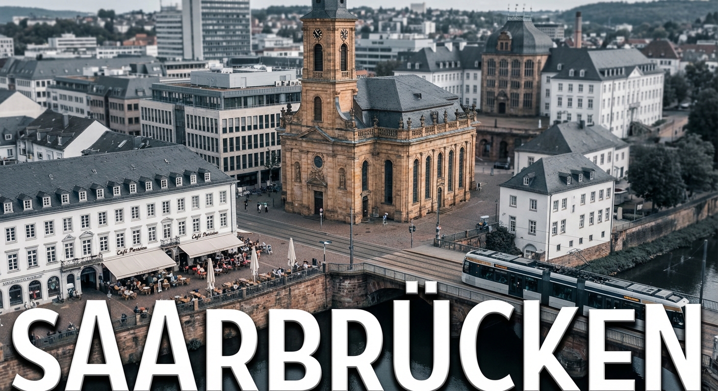 Stadtansicht der Landeshauptstadt Saarbrücken mit der barocken Ludwigskirche als Wahrzeichen oder dem Saarbrücker Schloss mit seinem charakteristischen modernen Mittelbau (Gottfried Böhm). Alternativ: St. Johanner Markt mit seiner lebendigen Fußgängerzone und französischem Flair, die Alte Brücke zwischen Alt-Saarbrücken und St. Johann, oder der Deutsch-Französische Garten als grüne Lunge. Architektonische Mischung aus barockem Erbe (Stengel-Bauten) und moderner Stadtentwicklung. Dezenter Hinweis auf die Grenznähe zu Frankreich durch französisch inspirierte Elemente (Café-Kultur, Saarbahn-Trasse Richtung Sarreguemines). Der Schriftzug "SAARBRÜCKEN" in großen, modernen Lettern, klare serifenlose Schrift, weiß mit dunklem Schatten für Lesbarkeit. Atmosphäre: Metropolitan, kulturell vielfältig, grenzüberschreitend, barock-modern.