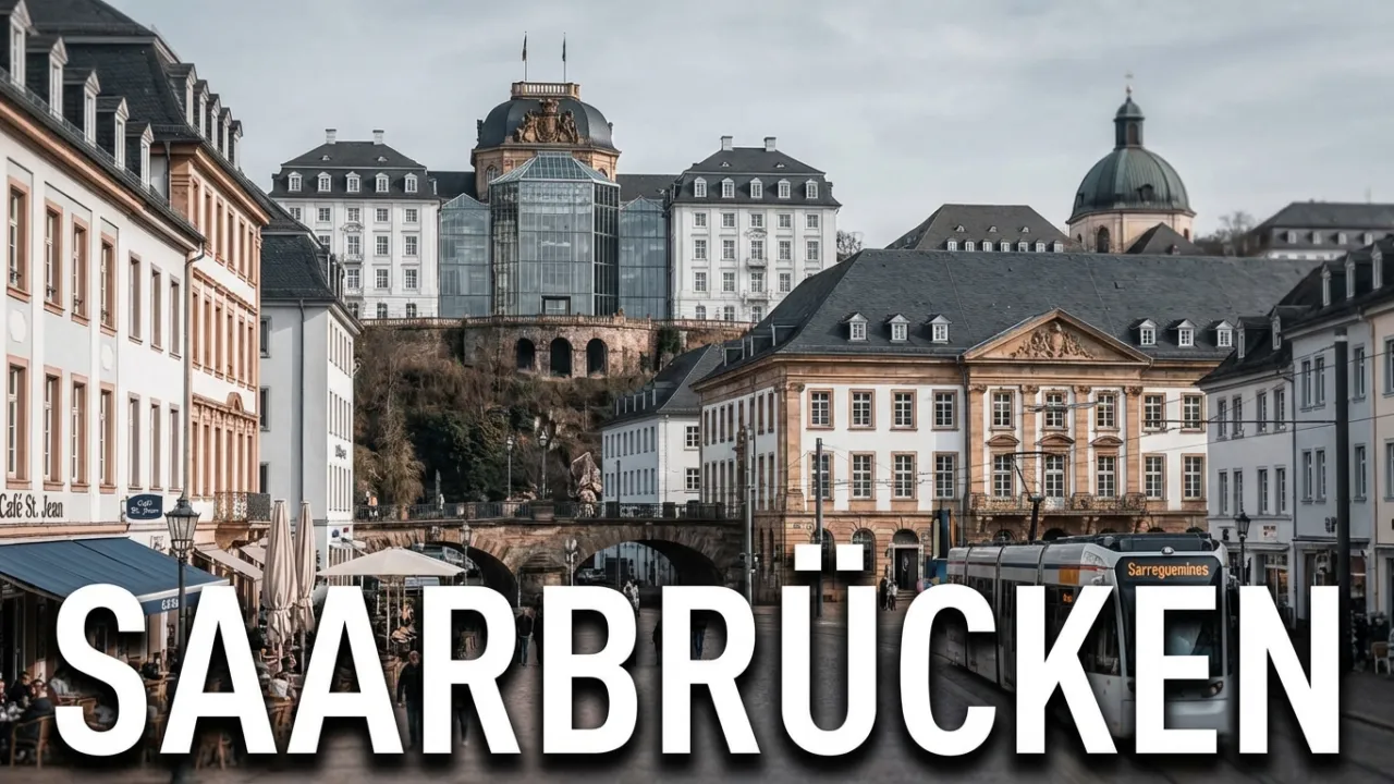 Straßenarbeiten in Dudweiler: Schlachthofstraße wird instandgesetzt 1 Stadtansicht der Landeshauptstadt Saarbrücken mit der barocken Ludwigskirche als Wahrzeichen oder dem Saarbrücker Schloss mit seinem charakteristischen modernen Mittelbau (Gottfried Böhm). Alternativ: St. Johanner Markt mit seiner lebendigen Fußgängerzone und französischem Flair, die Alte Brücke zwischen Alt-Saarbrücken und St. Johann, oder der Deutsch-Französische Garten als grüne Lunge. Architektonische Mischung aus barockem Erbe (Stengel-Bauten) und moderner Stadtentwicklung. Dezenter Hinweis auf die Grenznähe zu Frankreich durch französisch inspirierte Elemente (Café-Kultur, Saarbahn-Trasse Richtung Sarreguemines). Der Schriftzug "SAARBRÜCKEN" in großen, modernen Lettern, klare serifenlose Schrift, weiß mit dunklem Schatten für Lesbarkeit. Atmosphäre: Metropolitan, kulturell vielfältig, grenzüberschreitend, barock-modern.