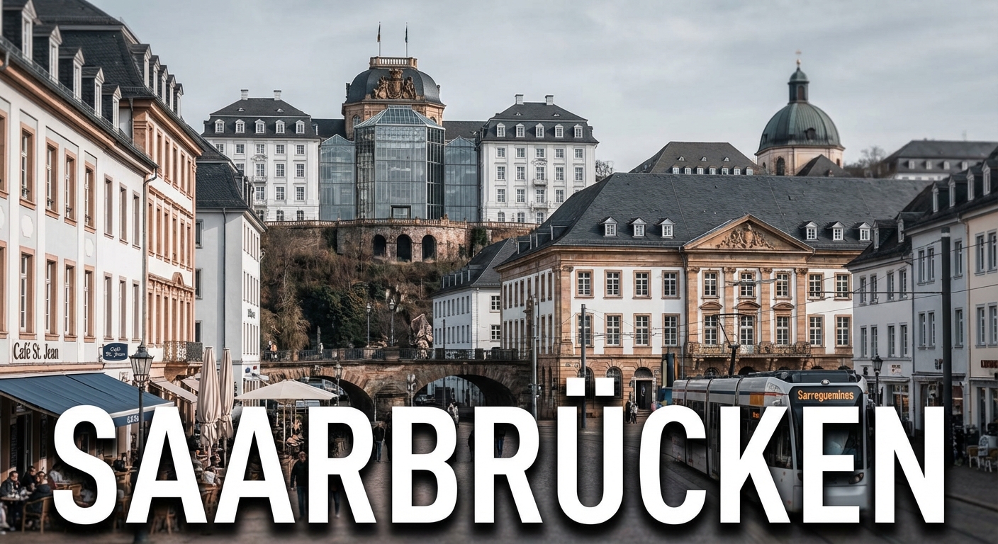 Stadtansicht der Landeshauptstadt Saarbrücken mit der barocken Ludwigskirche als Wahrzeichen oder dem Saarbrücker Schloss mit seinem charakteristischen modernen Mittelbau (Gottfried Böhm). Alternativ: St. Johanner Markt mit seiner lebendigen Fußgängerzone und französischem Flair, die Alte Brücke zwischen Alt-Saarbrücken und St. Johann, oder der Deutsch-Französische Garten als grüne Lunge. Architektonische Mischung aus barockem Erbe (Stengel-Bauten) und moderner Stadtentwicklung. Dezenter Hinweis auf die Grenznähe zu Frankreich durch französisch inspirierte Elemente (Café-Kultur, Saarbahn-Trasse Richtung Sarreguemines). Der Schriftzug "SAARBRÜCKEN" in großen, modernen Lettern, klare serifenlose Schrift, weiß mit dunklem Schatten für Lesbarkeit. Atmosphäre: Metropolitan, kulturell vielfältig, grenzüberschreitend, barock-modern.