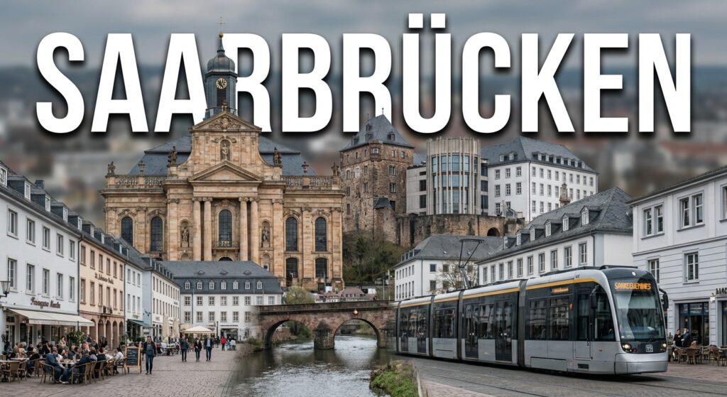 Stadtansicht der Landeshauptstadt Saarbrücken mit der barocken Ludwigskirche als Wahrzeichen oder dem Saarbrücker Schloss mit seinem charakteristischen modernen Mittelbau (Gottfried Böhm). Alternativ: St. Johanner Markt mit seiner lebendigen Fußgängerzone und französischem Flair, die Alte Brücke zwischen Alt-Saarbrücken und St. Johann, oder der Deutsch-Französische Garten als grüne Lunge. Architektonische Mischung aus barockem Erbe (Stengel-Bauten) und moderner Stadtentwicklung. Dezenter Hinweis auf die Grenznähe zu Frankreich durch französisch inspirierte Elemente (Café-Kultur, Saarbahn-Trasse Richtung Sarreguemines). Der Schriftzug "SAARBRÜCKEN" in großen, modernen Lettern, klare serifenlose Schrift, weiß mit dunklem Schatten für Lesbarkeit. Atmosphäre: Metropolitan, kulturell vielfältig, grenzüberschreitend, barock-modern.