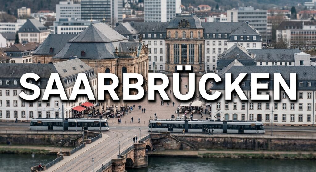 Stadtansicht der Landeshauptstadt Saarbrücken mit der barocken Ludwigskirche als Wahrzeichen oder dem Saarbrücker Schloss mit seinem charakteristischen modernen Mittelbau (Gottfried Böhm). Alternativ: St. Johanner Markt mit seiner lebendigen Fußgängerzone und französischem Flair, die Alte Brücke zwischen Alt-Saarbrücken und St. Johann, oder der Deutsch-Französische Garten als grüne Lunge. Architektonische Mischung aus barockem Erbe (Stengel-Bauten) und moderner Stadtentwicklung. Dezenter Hinweis auf die Grenznähe zu Frankreich durch französisch inspirierte Elemente (Café-Kultur, Saarbahn-Trasse Richtung Sarreguemines). Der Schriftzug "SAARBRÜCKEN" in großen, modernen Lettern, klare serifenlose Schrift, weiß mit dunklem Schatten für Lesbarkeit. Atmosphäre: Metropolitan, kulturell vielfältig, grenzüberschreitend, barock-modern.
