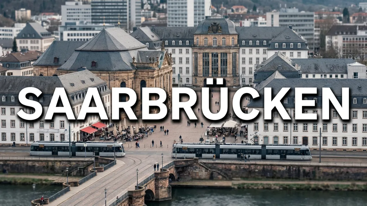 Fahrbahnsanierung in der Finkenstraße in Dudweiler 1 Stadtansicht der Landeshauptstadt Saarbrücken mit der barocken Ludwigskirche als Wahrzeichen oder dem Saarbrücker Schloss mit seinem charakteristischen modernen Mittelbau (Gottfried Böhm). Alternativ: St. Johanner Markt mit seiner lebendigen Fußgängerzone und französischem Flair, die Alte Brücke zwischen Alt-Saarbrücken und St. Johann, oder der Deutsch-Französische Garten als grüne Lunge. Architektonische Mischung aus barockem Erbe (Stengel-Bauten) und moderner Stadtentwicklung. Dezenter Hinweis auf die Grenznähe zu Frankreich durch französisch inspirierte Elemente (Café-Kultur, Saarbahn-Trasse Richtung Sarreguemines). Der Schriftzug "SAARBRÜCKEN" in großen, modernen Lettern, klare serifenlose Schrift, weiß mit dunklem Schatten für Lesbarkeit. Atmosphäre: Metropolitan, kulturell vielfältig, grenzüberschreitend, barock-modern.