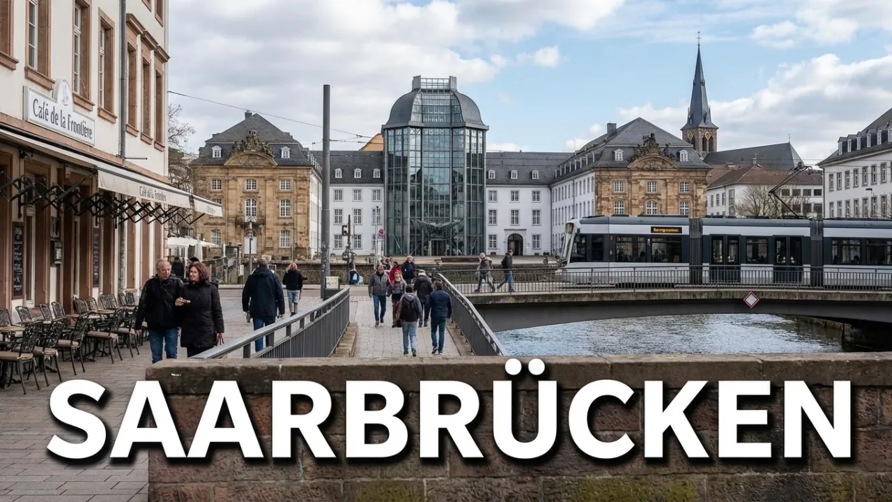 Saarbrücken schickt Kleinbus mit Rollstuhlrampe in ukrainische Partnerstadt Kowel 1 Stadtansicht der Landeshauptstadt Saarbrücken mit der barocken Ludwigskirche als Wahrzeichen oder dem Saarbrücker Schloss mit seinem charakteristischen modernen Mittelbau (Gottfried Böhm). Alternativ: St. Johanner Markt mit seiner lebendigen Fußgängerzone und französischem Flair, die Alte Brücke zwischen Alt-Saarbrücken und St. Johann, oder der Deutsch-Französische Garten als grüne Lunge. Architektonische Mischung aus barockem Erbe (Stengel-Bauten) und moderner Stadtentwicklung. Dezenter Hinweis auf die Grenznähe zu Frankreich durch französisch inspirierte Elemente (Café-Kultur, Saarbahn-Trasse Richtung Sarreguemines). Der Schriftzug "SAARBRÜCKEN" in großen, modernen Lettern, klare serifenlose Schrift, weiß mit dunklem Schatten für Lesbarkeit. Atmosphäre: Metropolitan, kulturell vielfältig, grenzüberschreitend, barock-modern.