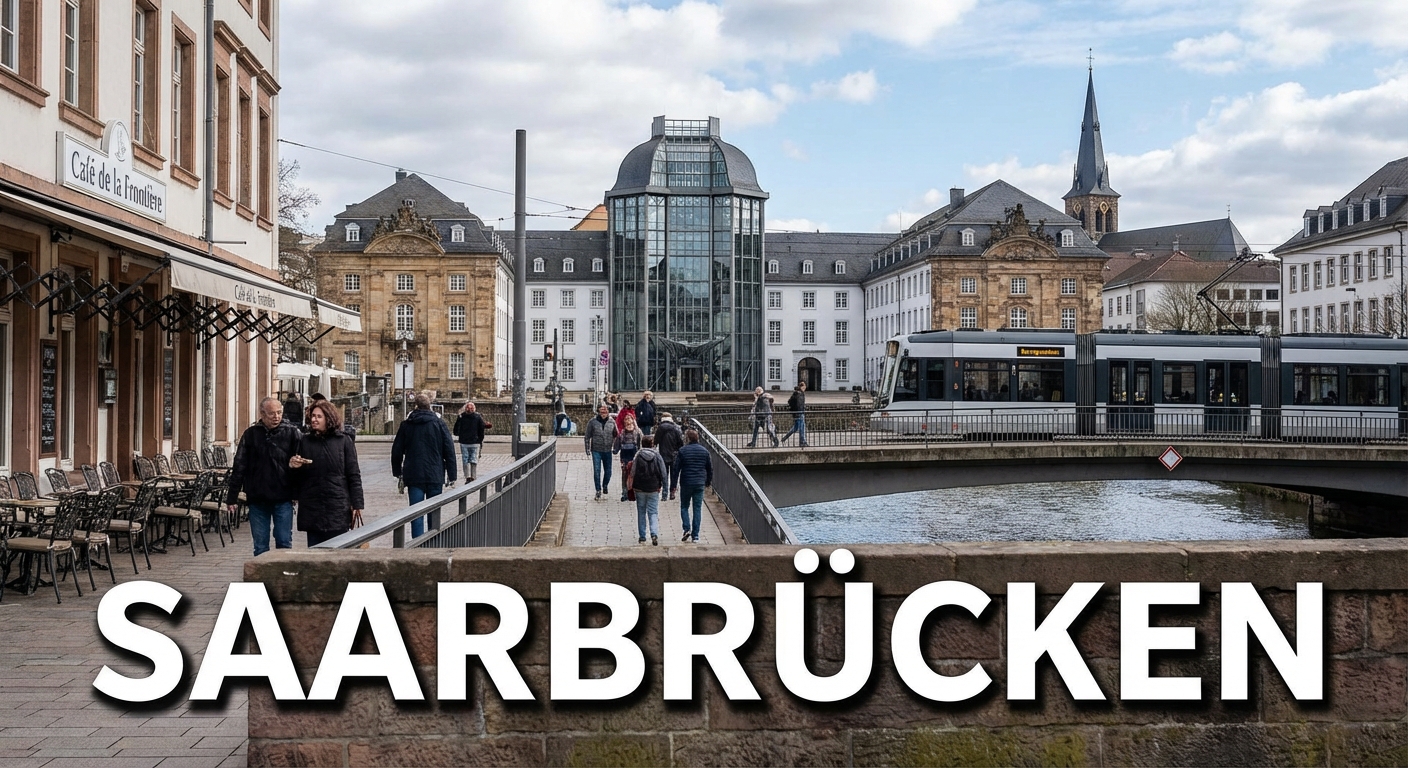 Saarbrücken schickt Kleinbus mit Rollstuhlrampe in ukrainische Partnerstadt Kowel 1 Stadtansicht der Landeshauptstadt Saarbrücken mit der barocken Ludwigskirche als Wahrzeichen oder dem Saarbrücker Schloss mit seinem charakteristischen modernen Mittelbau (Gottfried Böhm). Alternativ: St. Johanner Markt mit seiner lebendigen Fußgängerzone und französischem Flair, die Alte Brücke zwischen Alt-Saarbrücken und St. Johann, oder der Deutsch-Französische Garten als grüne Lunge. Architektonische Mischung aus barockem Erbe (Stengel-Bauten) und moderner Stadtentwicklung. Dezenter Hinweis auf die Grenznähe zu Frankreich durch französisch inspirierte Elemente (Café-Kultur, Saarbahn-Trasse Richtung Sarreguemines). Der Schriftzug "SAARBRÜCKEN" in großen, modernen Lettern, klare serifenlose Schrift, weiß mit dunklem Schatten für Lesbarkeit. Atmosphäre: Metropolitan, kulturell vielfältig, grenzüberschreitend, barock-modern.