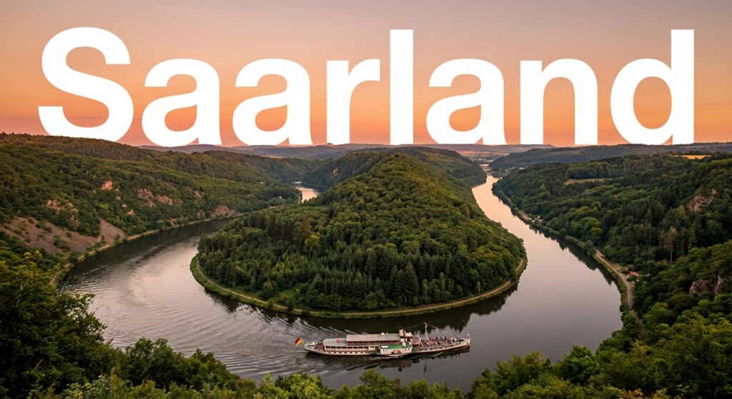 Bild für die Nachrichtenkategorie "Saarland", im Bild soll sauber lesbar die Schrift "Saarland" zu lesen sein. Das Bild soll Bezug zum Saarland haben.