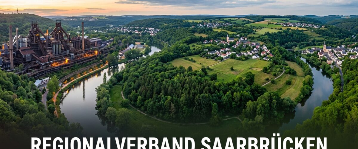 Regionalverband fördert sieben Demokratie-Projekte mit 89.000 Euro 1 Weitläufiges Panorama des Regionalverbands: Mix aus Natur (Wälder, Hügel, Saar-Fluss) und Kultur (UNESCO Völklinger Hütte ODER Saarschleife ODER Römische Villen ODER Biosphäre Bliesgau). Balance 50/50 zwischen Natur und kulturellen Elementen. Zehn Städte und Gemeinden der Region angedeutet. Perspektive: Leicht erhöhter Panorama-Standpunkt. Atmosphäre: Weitläufig, vielfältig, regional bedeutsam.