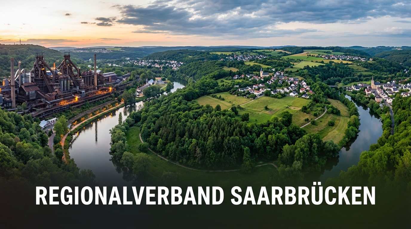 Weitläufiges Panorama des Regionalverbands: Mix aus Natur (Wälder, Hügel, Saar-Fluss) und Kultur (UNESCO Völklinger Hütte ODER Saarschleife ODER Römische Villen ODER Biosphäre Bliesgau). Balance 50/50 zwischen Natur und kulturellen Elementen. Zehn Städte und Gemeinden der Region angedeutet. Perspektive: Leicht erhöhter Panorama-Standpunkt. Atmosphäre: Weitläufig, vielfältig, regional bedeutsam.