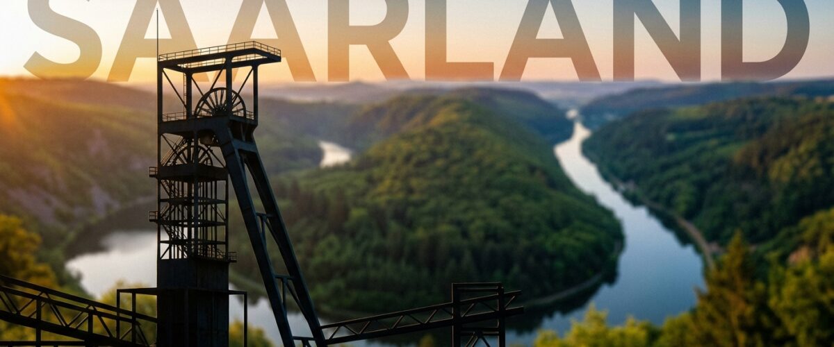 Eine ikonische Saarland-Landschaft mit der Saarschleife im Hintergrund, sanfte Hügel und dichte Wälder. Im Vordergrund dezent das Industrieerbe sichtbar (Förderturm oder Stahlkonstruktion als Silhouette). Der Schriftzug "SAARLAND" in großen, modernen Lettern prominent platziert, leicht transparent über dem Bild gelegt. Atmosphäre: Heimatverbunden, modern, stolz.