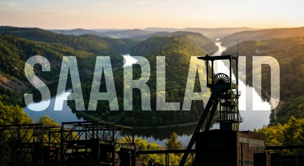 Eine ikonische Saarland-Landschaft mit der Saarschleife im Hintergrund, sanfte Hügel und dichte Wälder. Im Vordergrund dezent das Industrieerbe sichtbar (Förderturm oder Stahlkonstruktion als Silhouette). Der Schriftzug "SAARLAND" in großen, modernen Lettern prominent platziert, leicht transparent über dem Bild gelegt. Atmosphäre: Heimatverbunden, modern, stolz.