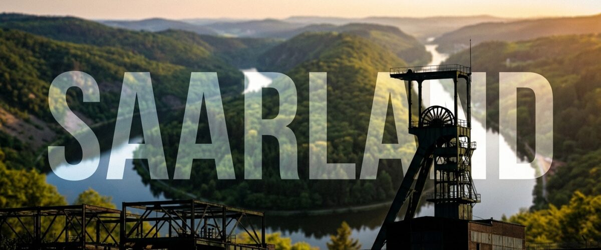 Song-Contest „Dabeisein ist Saarland": Drei Schulen belegen die Spitzenplätze 1 Eine ikonische Saarland-Landschaft mit der Saarschleife im Hintergrund, sanfte Hügel und dichte Wälder. Im Vordergrund dezent das Industrieerbe sichtbar (Förderturm oder Stahlkonstruktion als Silhouette). Der Schriftzug "SAARLAND" in großen, modernen Lettern prominent platziert, leicht transparent über dem Bild gelegt. Atmosphäre: Heimatverbunden, modern, stolz.