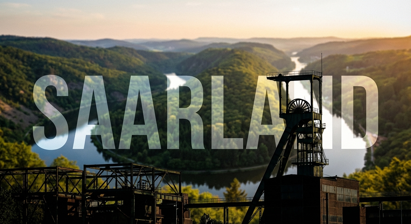 Song-Contest „Dabeisein ist Saarland": Drei Schulen belegen die Spitzenplätze 1 Eine ikonische Saarland-Landschaft mit der Saarschleife im Hintergrund, sanfte Hügel und dichte Wälder. Im Vordergrund dezent das Industrieerbe sichtbar (Förderturm oder Stahlkonstruktion als Silhouette). Der Schriftzug "SAARLAND" in großen, modernen Lettern prominent platziert, leicht transparent über dem Bild gelegt. Atmosphäre: Heimatverbunden, modern, stolz.