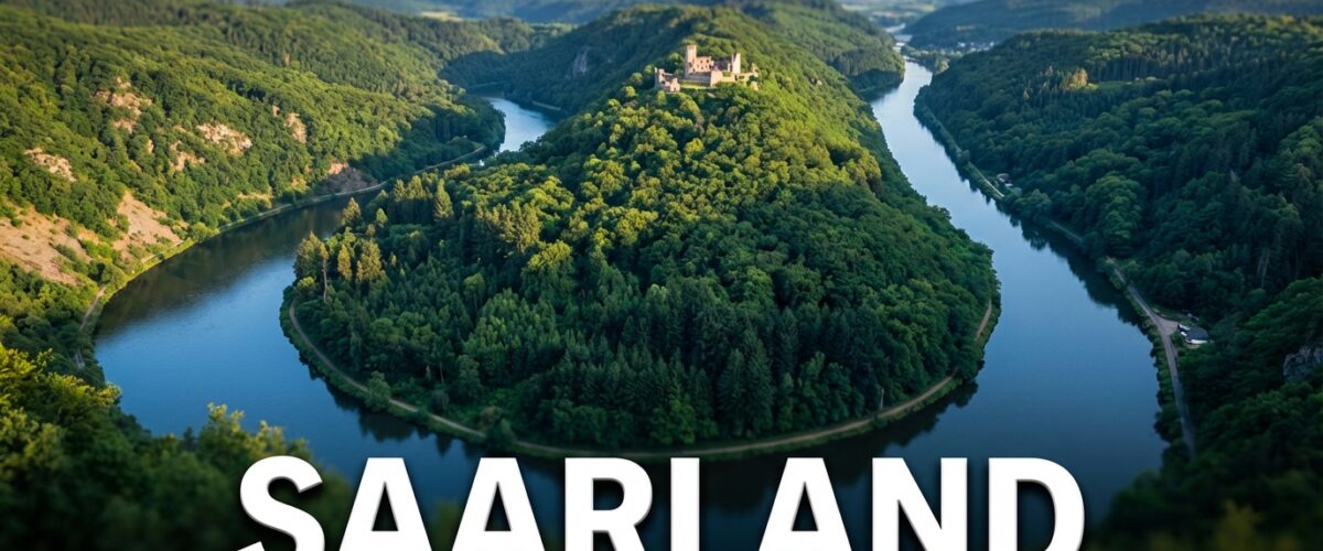 Special Olympics Saarland 2026: Abschluss-Pressekonferenz zieht Bilanz nach sechs Tagen 1 Die berühmte Saarschleife mit bewaldeten Hügeln. Weitwinkel-Landschaftsansicht der Flussschleife umgeben von dichten grünen Wäldern des Saarkohlenwaldes. Perspektive variiert zwischen Cloef-Aussichtspunkt, Baumwipfelpfad-Sicht oder Uferansicht. Optional: Burgruine Montclair auf dem Bergrücken. Atmosphäre: Heimatverbunden, naturverbunden, stolz.