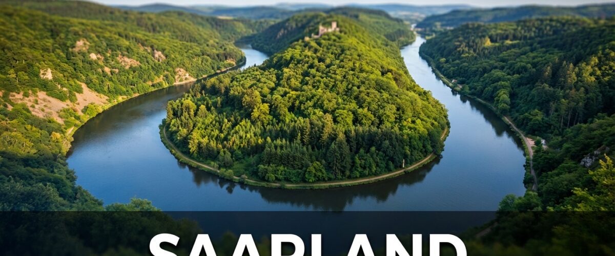 Die berühmte Saarschleife mit bewaldeten Hügeln. Weitwinkel-Landschaftsansicht der Flussschleife umgeben von dichten grünen Wäldern des Saarkohlenwaldes. Perspektive variiert zwischen Cloef-Aussichtspunkt, Baumwipfelpfad-Sicht oder Uferansicht. Optional: Burgruine Montclair auf dem Bergrücken. Atmosphäre: Heimatverbunden, naturverbunden, stolz.