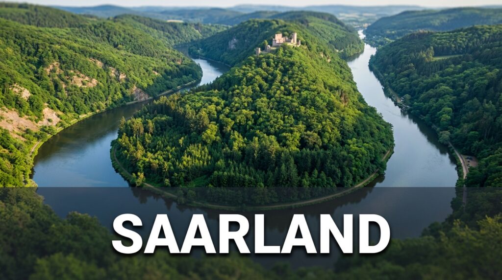 Goldmedaille und Hauptschulabschluss: Schwimmer Danyeel Khudeeda kämpft sich durch 1 Die berühmte Saarschleife mit bewaldeten Hügeln. Weitwinkel-Landschaftsansicht der Flussschleife umgeben von dichten grünen Wäldern des Saarkohlenwaldes. Perspektive variiert zwischen Cloef-Aussichtspunkt, Baumwipfelpfad-Sicht oder Uferansicht. Optional: Burgruine Montclair auf dem Bergrücken. Atmosphäre: Heimatverbunden, naturverbunden, stolz.