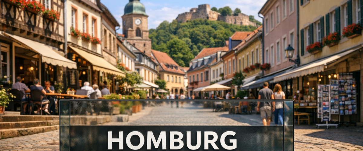 A high-end, photorealistic editorial image of [Rotation of Pictures: A) a picturesque street scene in the historic Altstadt Homburg / B) a panoramic view of the Homburg Schlossberg area and its natural sandstone formations / C) a vibrant afternoon at the Griesweiher lake with leisure activities / D) a view of the modern Homburg University Hospital campus architecture]. The scene is vibrant and captures the authentic Saarland lifestyle. Integrated seamlessly into the composition is a clean, modern display surface (e.g., a glass panel, a brick wall, or a large public information board) featuring the clear, legible Schriftzug (text) "HOMBURG" in simple, elegant capital letters. The focus is sharp on the product and the integrated text surface.