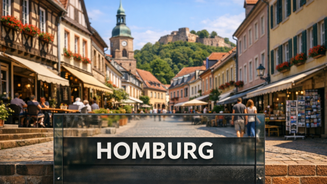 A high-end, photorealistic editorial image of [Rotation of Pictures: A) a picturesque street scene in the historic Altstadt Homburg / B) a panoramic view of the Homburg Schlossberg area and its natural sandstone formations / C) a vibrant afternoon at the Griesweiher lake with leisure activities / D) a view of the modern Homburg University Hospital campus architecture]. The scene is vibrant and captures the authentic Saarland lifestyle. Integrated seamlessly into the composition is a clean, modern display surface (e.g., a glass panel, a brick wall, or a large public information board) featuring the clear, legible Schriftzug (text) "HOMBURG" in simple, elegant capital letters. The focus is sharp on the product and the integrated text surface.
