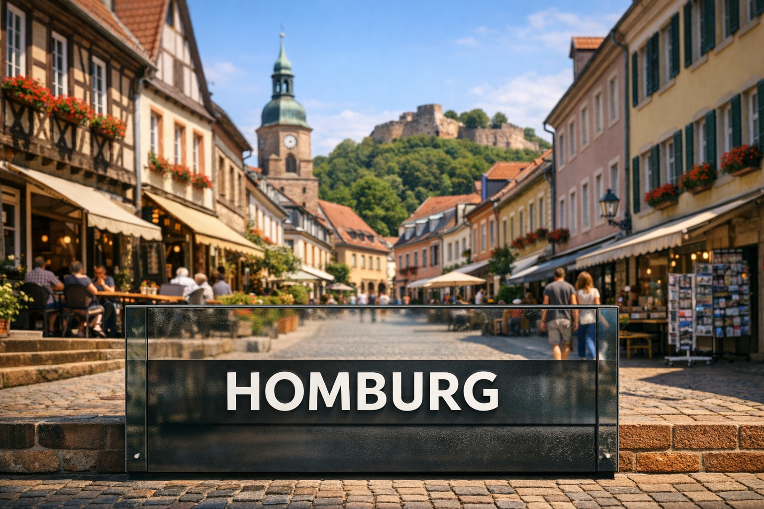 A high-end, photorealistic editorial image of [Rotation of Pictures: A) a picturesque street scene in the historic Altstadt Homburg / B) a panoramic view of the Homburg Schlossberg area and its natural sandstone formations / C) a vibrant afternoon at the Griesweiher lake with leisure activities / D) a view of the modern Homburg University Hospital campus architecture]. The scene is vibrant and captures the authentic Saarland lifestyle. Integrated seamlessly into the composition is a clean, modern display surface (e.g., a glass panel, a brick wall, or a large public information board) featuring the clear, legible Schriftzug (text) "HOMBURG" in simple, elegant capital letters. The focus is sharp on the product and the integrated text surface.