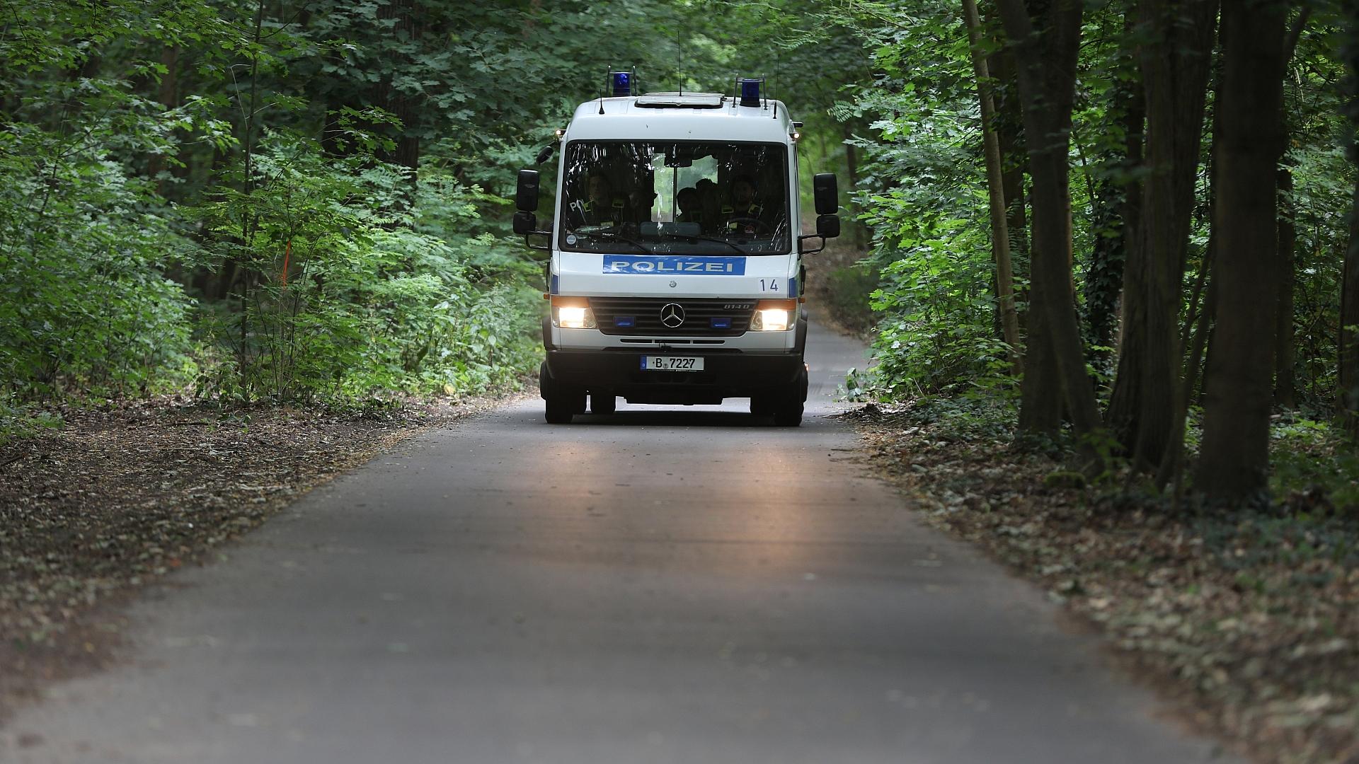 Waffendepot in Wald bei Berlin entdeckt 1 Polizeiauto im Wald bei Berlin (Archiv)