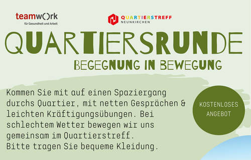 Quartiersrunde „Begegnung in Bewegung“ im August und September 1 Aktuelles aus Neunkirchen | Bild: Bereitgestellt durch die Kreisstadt Neunkirchen „Quartiersrunde – Begegnung in Bewegung“ im August und September