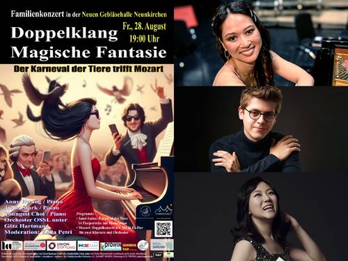 Konzert vereint Saint-Saëns und Mozart mit drei Pianisten 1 Aktuelles aus Neunkirchen | Bild: Bereitgestellt durch die Kreisstadt Neunkirchen Doppelklang Fantasie – Karneval der Tiere & Mozart