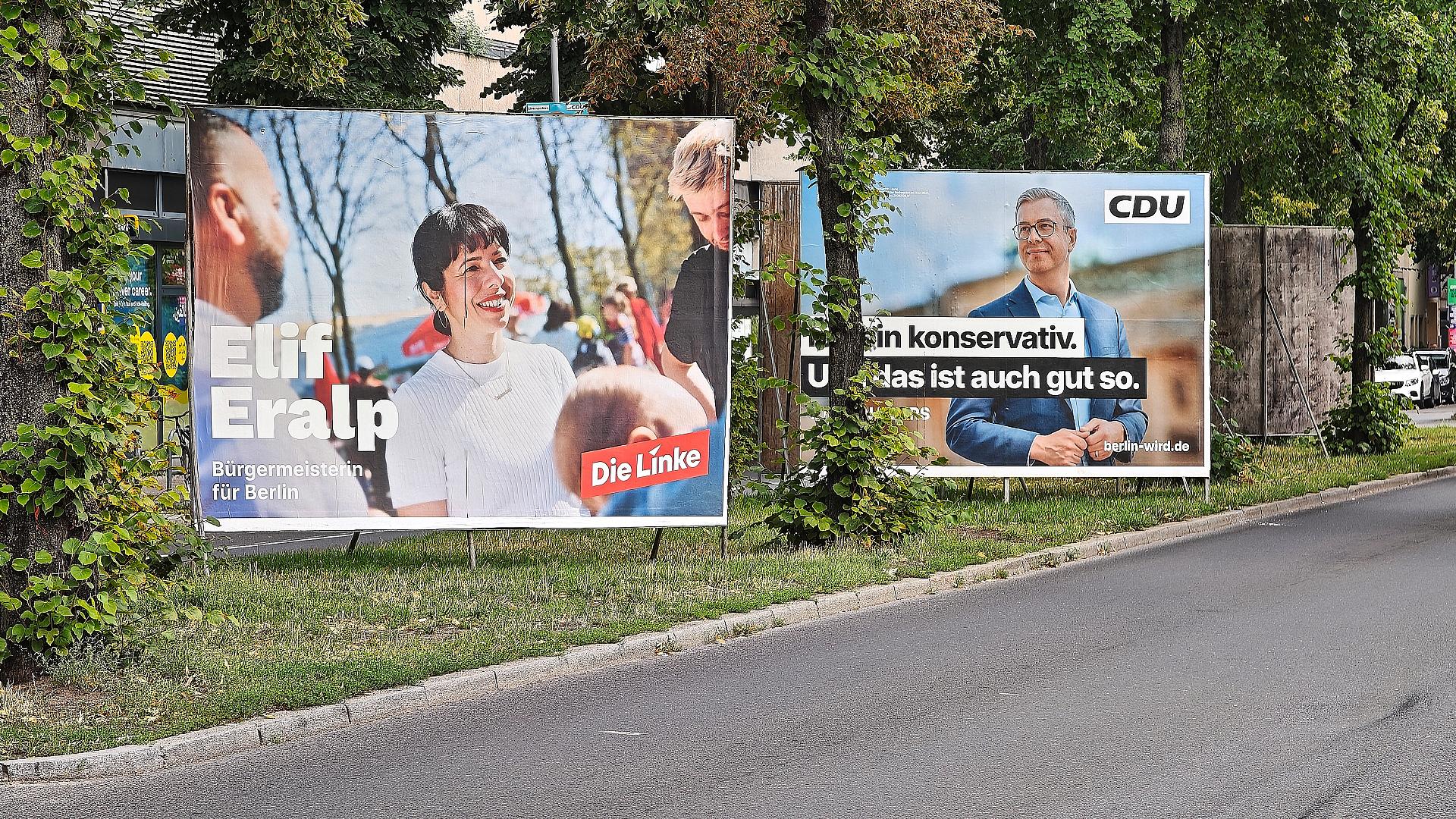 Wahllokale in Berlin und Mecklenburg-Vorpommern geöffnet 1 Wahlplakate von Linkspartei und CDU für die Abgeordnetenhauswahl 2026(Archiv)