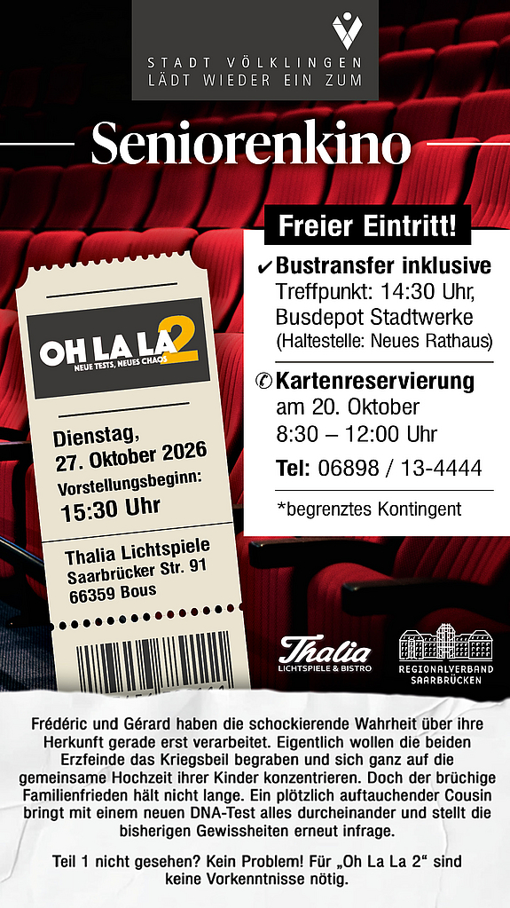 Seniorenkino in Völklingen: Stadt lädt zu Filmvorführung nach Bous ein 1 Aktuelles aus Völklingen | Bild: Stadt Völklingen Einladung zum Seniorenkino für Völklingerinnen und Völklinger im Oktober