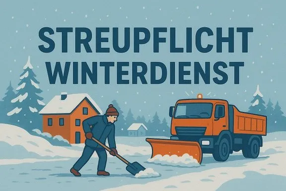 Aktuelles aus Friedrichsthal Winterliche Straße mit Haus und mit Person die Schnee schaufelt. Streuauto fährt durch die Straße.