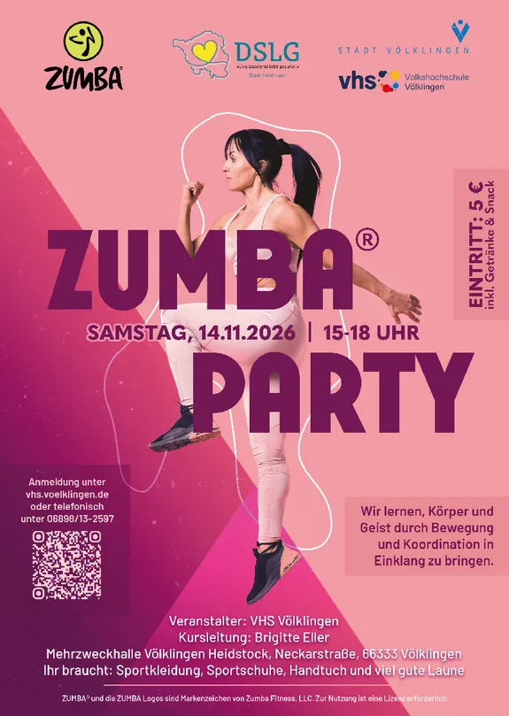 Zumba-Party der Volkshochschule am 14. November in Völklingen 1 Aktuelles aus Völklingen Tanzen, bewegen, gemeinsam Spaß haben: vhs Zumba®-Party in Völklingen